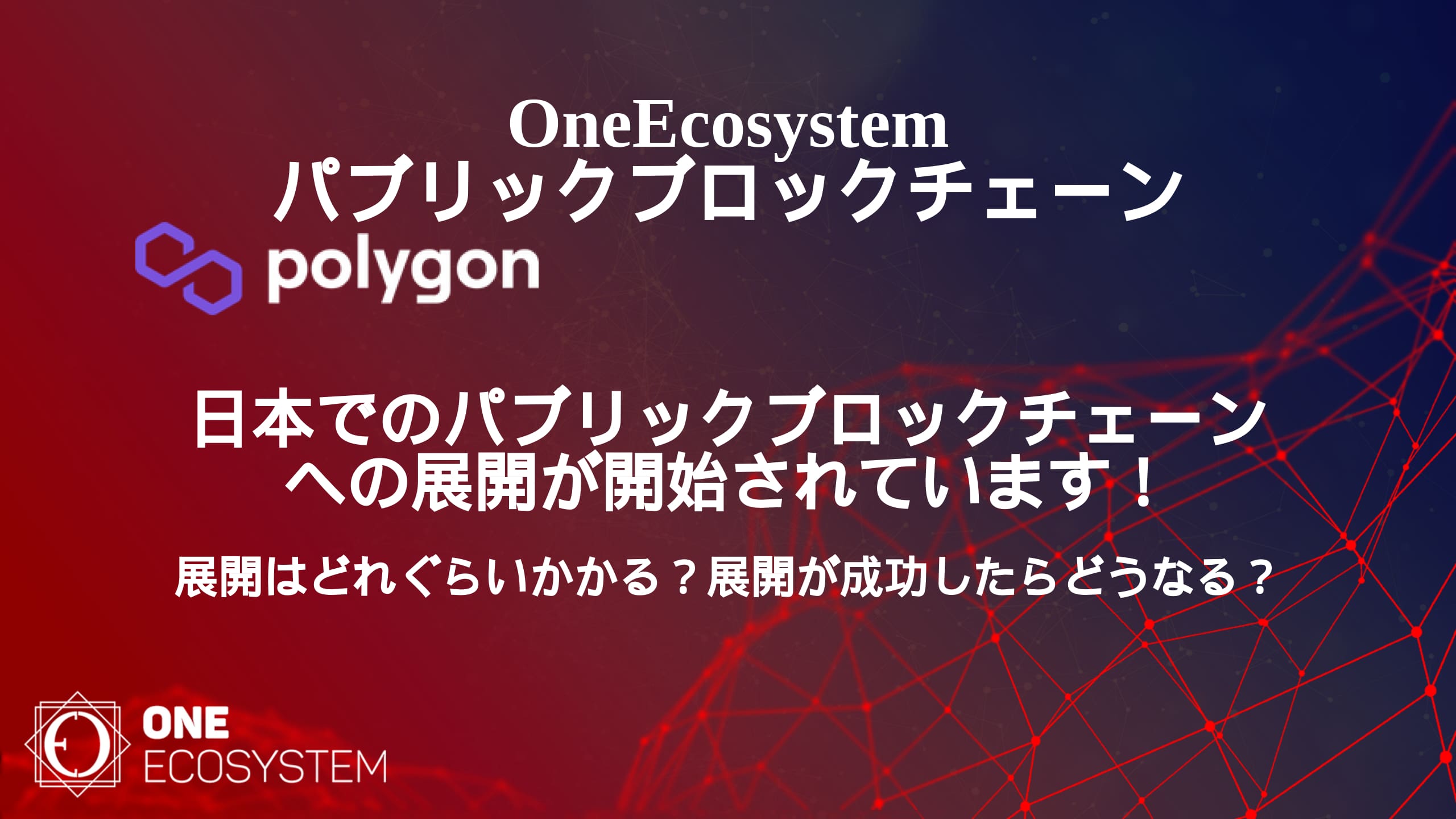Un'immagine promozionale di Ecosystem con la blockchain di Polygon. Il testo giapponese descrive l'espansione e l'implementazione delle reti blockchain pubbliche in Giappone. Lo sfondo mostra il design della rete digitale.