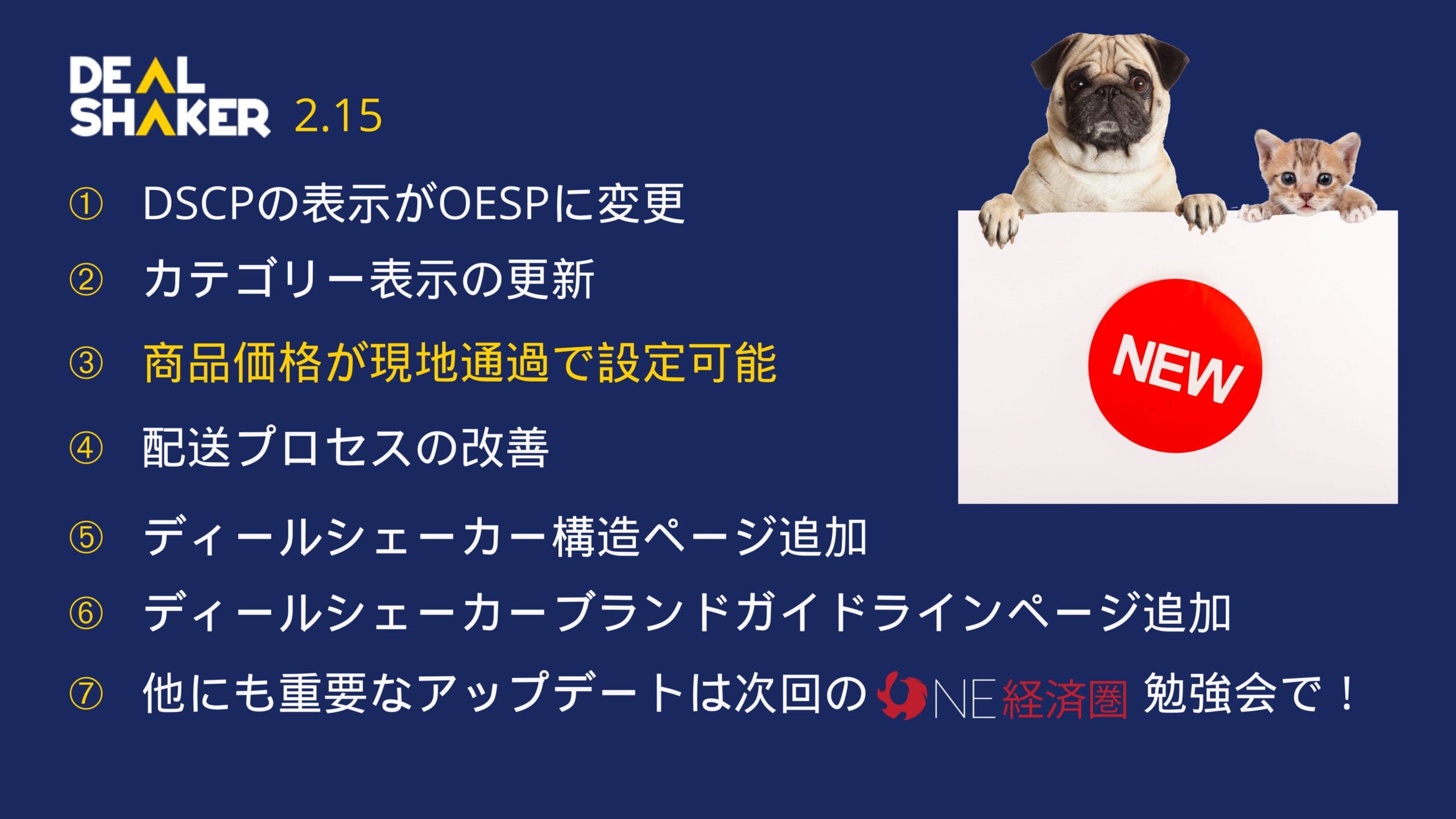 Il display di testo, intitolato "DEAL SHAKER 2.15", mostra un elenco di aggiornamenti accanto all'immagine di un bulldog e di un gattino con in mano un cartello rosso che dice "NEW" che incarna lo spirito di Deal Shaker.