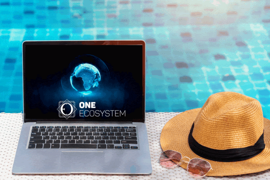 Accanto a un cappello di paglia vicino alla piscina, un laptop con scritto "One Ecosystem".