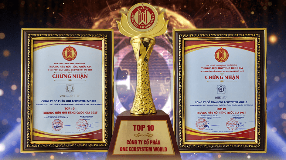 Top 10 Công ty Cổ Phần One Ecosystem World" si staglia su uno sfondo di brillantezza blu e oro tra due cornici che indicano One VITA e il marchio nazionale vietnamita certificato.