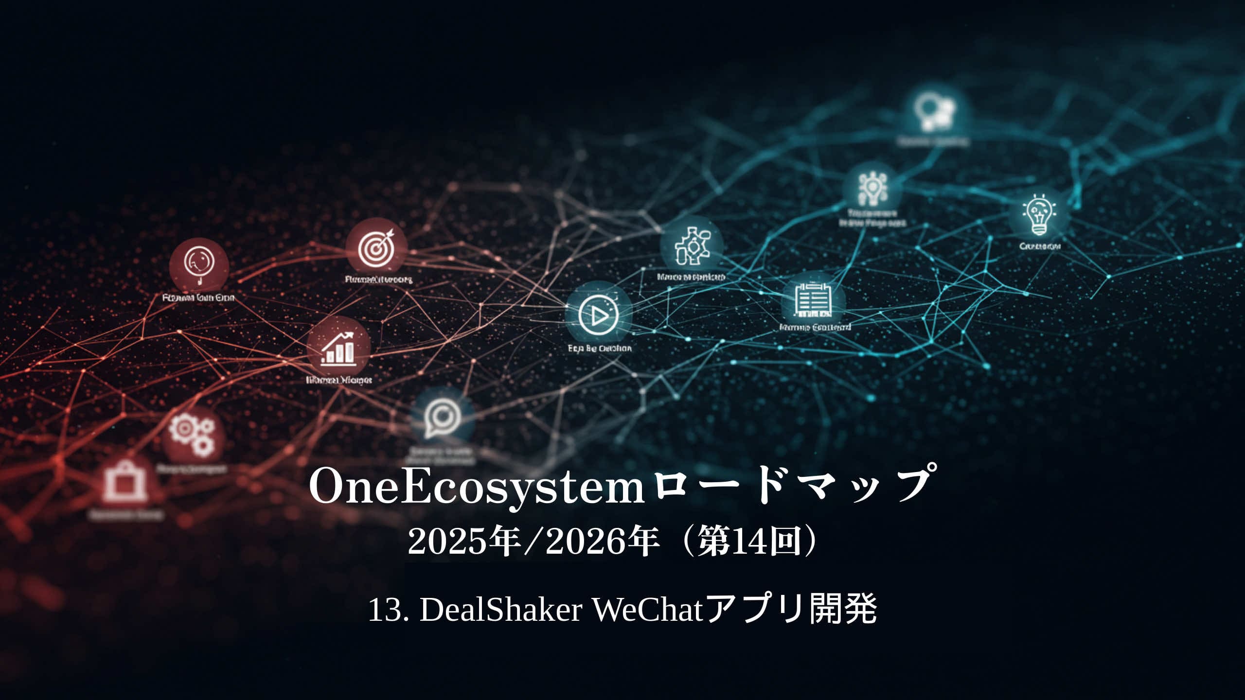 Tabella di marcia di OneEcosystem 2025/2026 (14°) 13. Lo sfondo scuro mostra "DealShaker WeChat App Development" in giapponese.