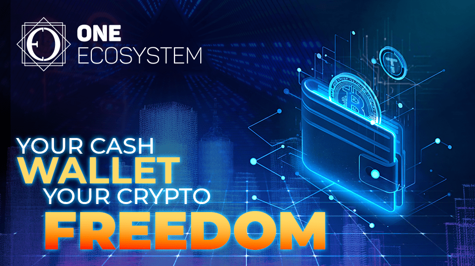 Dall'interfaccia blu incandescente, appare un portafoglio digitale con monete di criptovaluta. Il testo recita: "Un ecosistema, il tuo portafoglio di contanti. La tua libertà crittografica. "Lo sfondo raffigura un modello di reti digitali e luci della città, evidenziando l'ultimo aggiornamento.